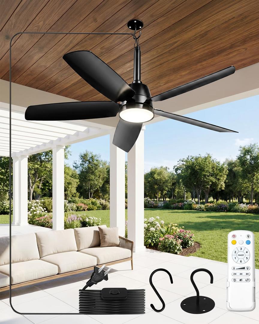 NWOP 36 Inch Plug-In Outdoor Ceiling Fan with Light and Remote, Waterproof Patio Ceiling Fan, 5 Blades Small Ceiling Fan for Porch Gazebo Pergola, Quiet Modern Ceiling Fan, Black