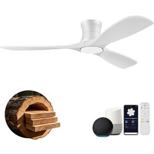 52” Smart Low Profile Ceiling Fans with Light Remote,Wood,Flush Mount,White, Control