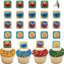Sesame Street Rings, 24 Cupcake Toppers Featuring Elmo, Big Bird, Cookie Monster, Grover, Bright Colorful Cupcake Decorations, Food Safe - 24 Pack