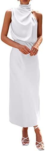 PRETTYGARDEN Women's 2026 Summer Satin Dress Elegant Sleeveless Mock Neck Cocktail Party Maxi Dresses M