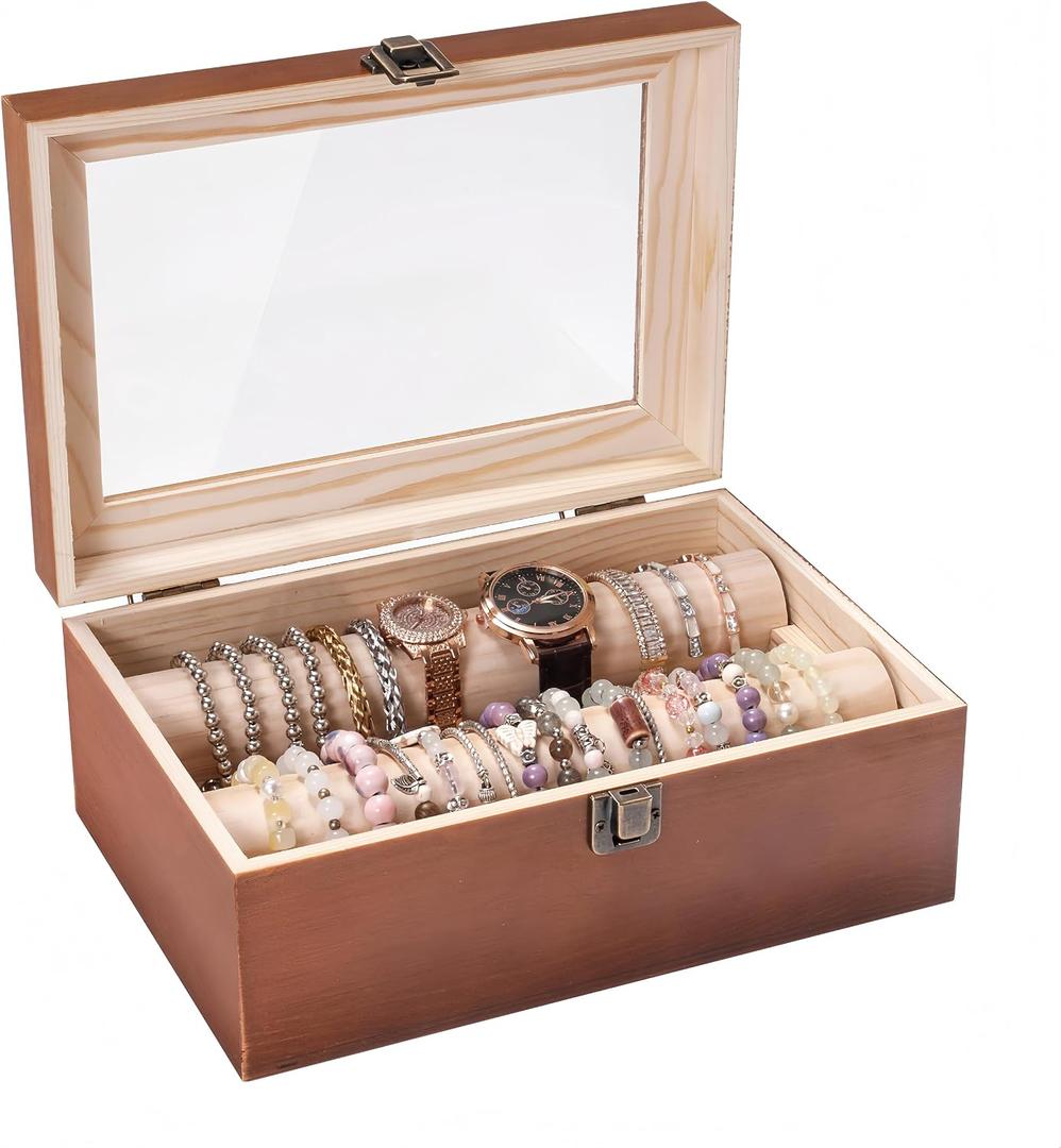 Wooden Bracelet Display Holder with Rods for Bangles & Watches Brown Jewelry Organizer Box with Clear Lid, Velvet Lined Storage Case for Women & Girls