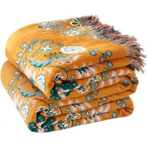 Boho Throw Blanket for Bed 100% Cotton Soft Lightweight Quilt Floral Embroidery Home Decor Spring Breathable Bed Blanket,60"x80" All Season Reversible Twin Yellow Blankets for Sofa Couch Chair, Boho-floral-a