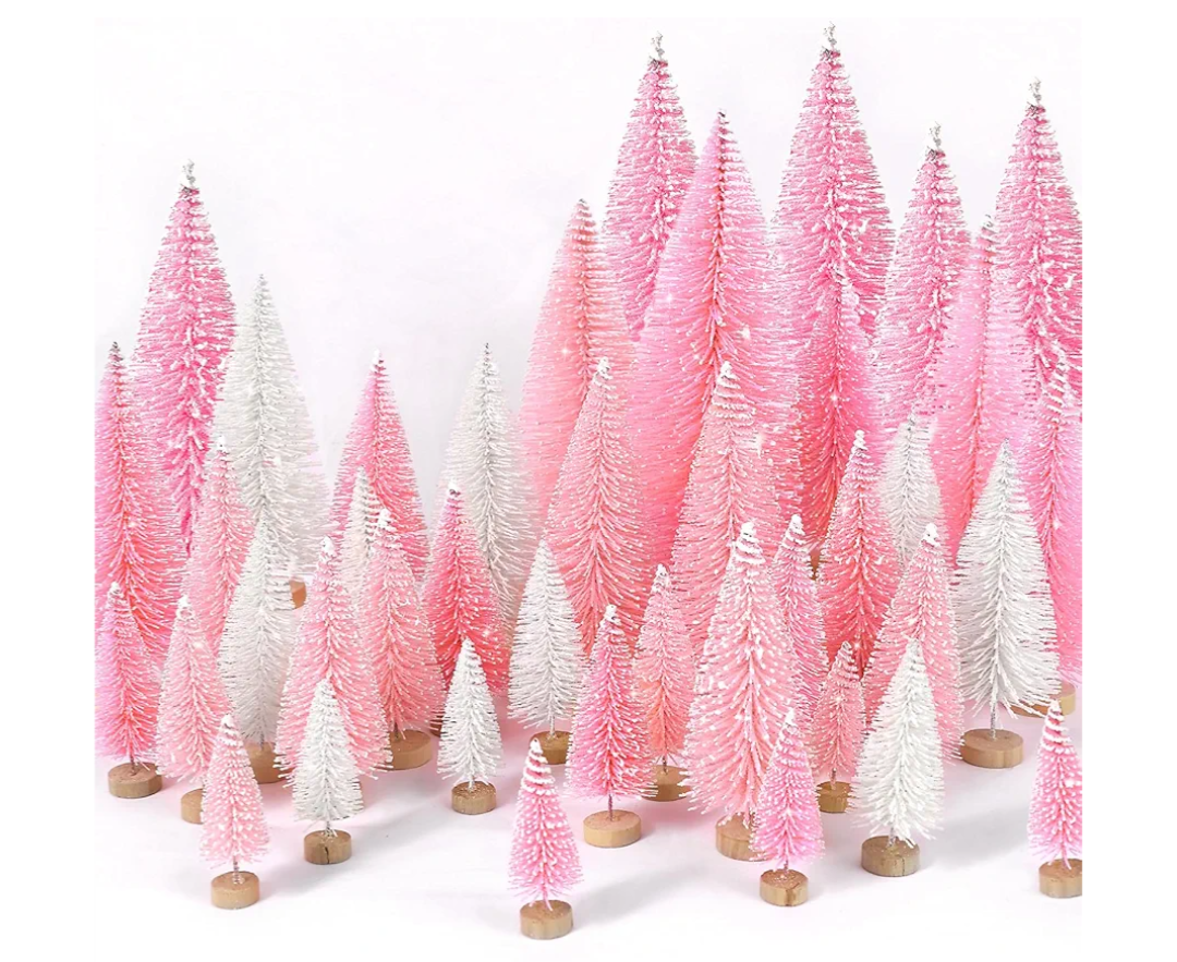 7Pcs Mini Christmas Trees Artificial Christmas Tree Bottle Brush Trees with Wooden Base for Christmas Decor Christmas Party Home Table Craft Decorations(Pink+White)