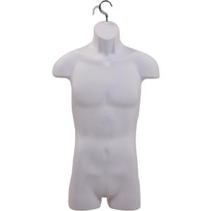 Male Molded Shatterproof White Shapely Torso Form With Hook - Fits Men's Sizes S-L - Hanging Fashion Form Mannequin to Display Top and Bottom Merchandise