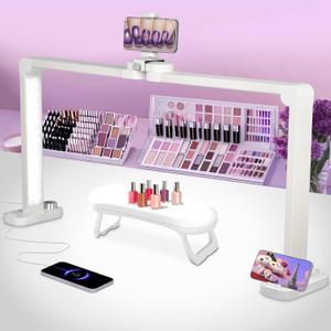 HITTI 456 LEDs Bright Nail Tech Lamp for Desk, 34 Inch Foldable Large Nail Arch Light with Phone Holder, Stepless Dimming & 3 Modes Half Moon Table Light for Manicure/Lash Extension/Tattoo/Beauty (White)