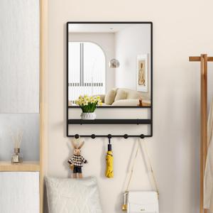 Wall Mirror with Shelf and Hooks,Vanity Mirror with Hooks, 21 X 28 inch Metal Framed Bathroom Mirror with Shelf for Bathroom, Entryway, Bedroom, Living Room (Black, 21" x 28")