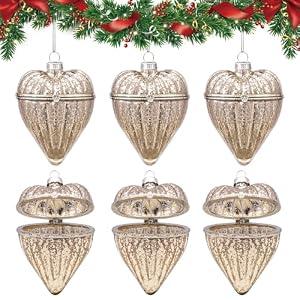 6PCS Blown Mercury Glass Heart Christmas Ornaments – Fillable Vintage Hanging Decorations for Surprise Favors, Gifts, Tree Décor – Elegant Handcrafted Holiday Keepsake Set(Silver)
