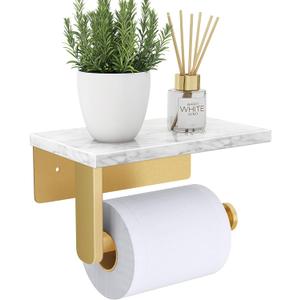 Brushed Gold Toilet Paper Holder with Natural Marble Shelf, 304 Stainless Steel Screw Wall Mounted, Tissue Roll Paper Holder Dispenser for Bathroom Washroom