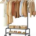 Clothes Rack for Hanging Clothes, Portable Clothing Rack with Wheels Sturdy Garment Organizer Metal Portable Wardrobe Closet with Double Shelves for Bedroom Laundry Living Room, Black