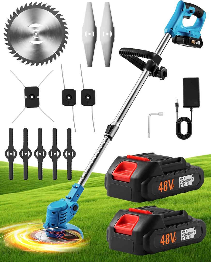 Blue Cordless Weed Wacker & String Trimmer, 48V Battery-Powered Lawn Edger and Grass Trimmer, Electric Weed Eater with Charger, Lightweight for Lawn Care and Garden Maintenance