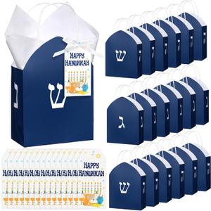 Kolldenn 24 Sets Hanukkah Gift Bag with Tissue Paper Happy Hanukkah Paper Bags with Handle Cards Stars Menorah Candles Gift Wrapping Party Supplies