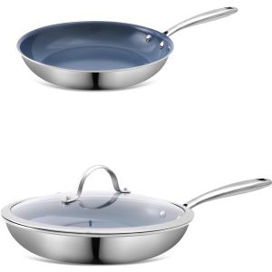 Stainless Steel Non Stick Frying Pan,8 & 10 Inch Healthy Non Toxic Ceramic Coating Cookware with Lid, Works on Induction, Electric Stove and Gas Cooktops, PTFE PFAS PFOA Free Skillet, Dishwasher & Oven Safe