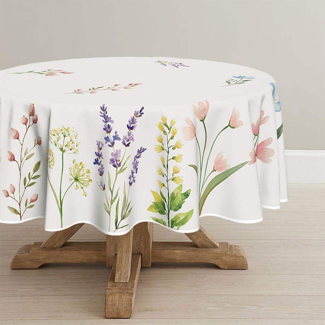 Horaldaily Spring Summer Tablecloth 90x90 Inch Round, Easter Watercolor Wild Flowers Blooming Floral Table Cover for Party Picnic Dinner Decor (White)