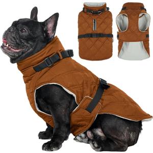 Kuoser Dog Coat Warm Fleece Lining Turtleneck Dog Jacket with Harness Built-in, Adjustable Windproof Cold Weather Coats with Quick Release Buckle Pet Winter Snowsuit for Small Dogs, Khaki S (Small (Chest Girth: 17.3"))