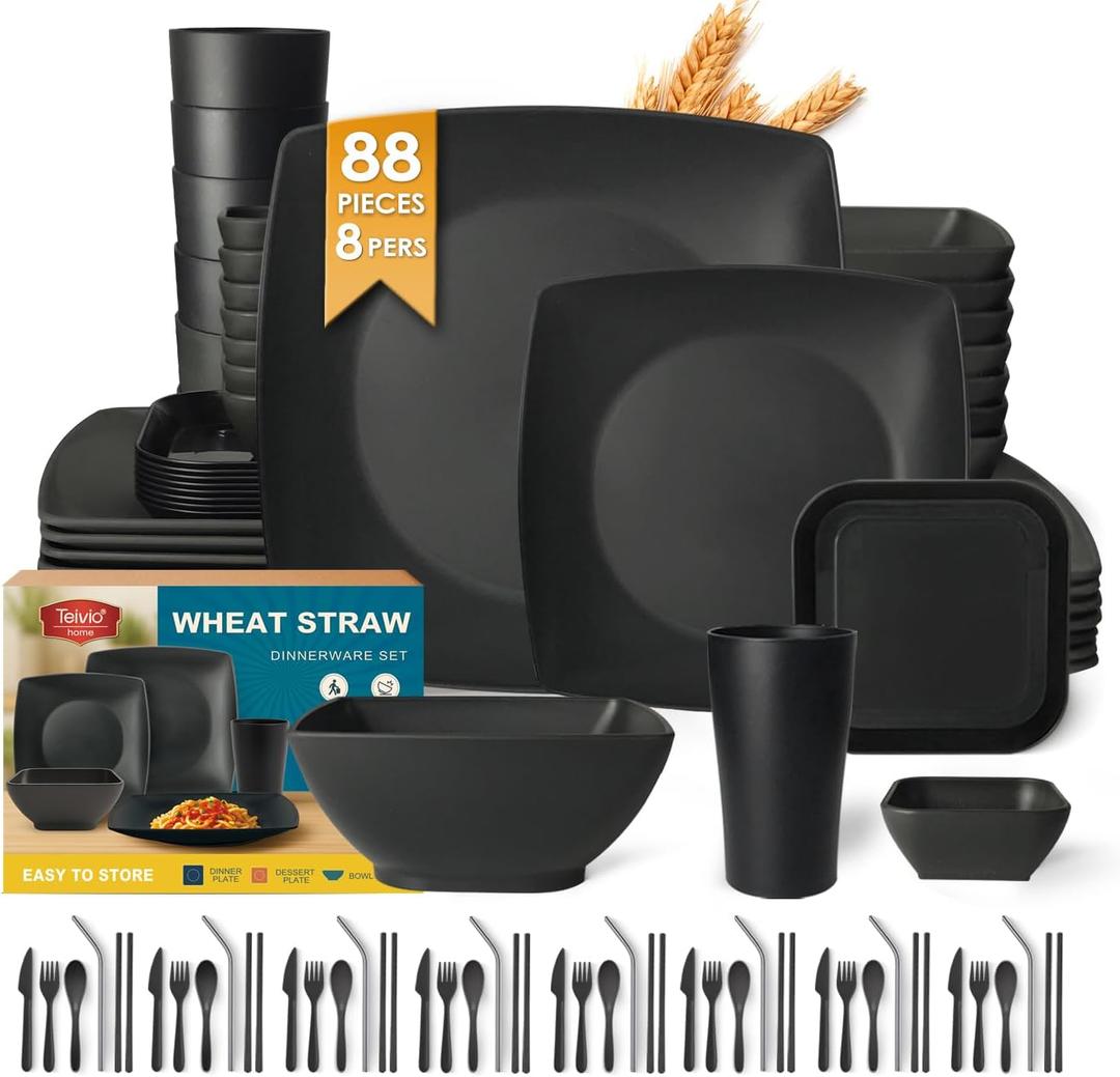 Teivio 88-piece With Flatware Plastic Kitchen Wheat Straw Square Dinnerware Set for 8, Unbreakable Dinner/Salad/Appetizer Plates, Snack Bowls, Dipping Sauce Cups,Tumblers, Dishwasher Safe Dish,Black