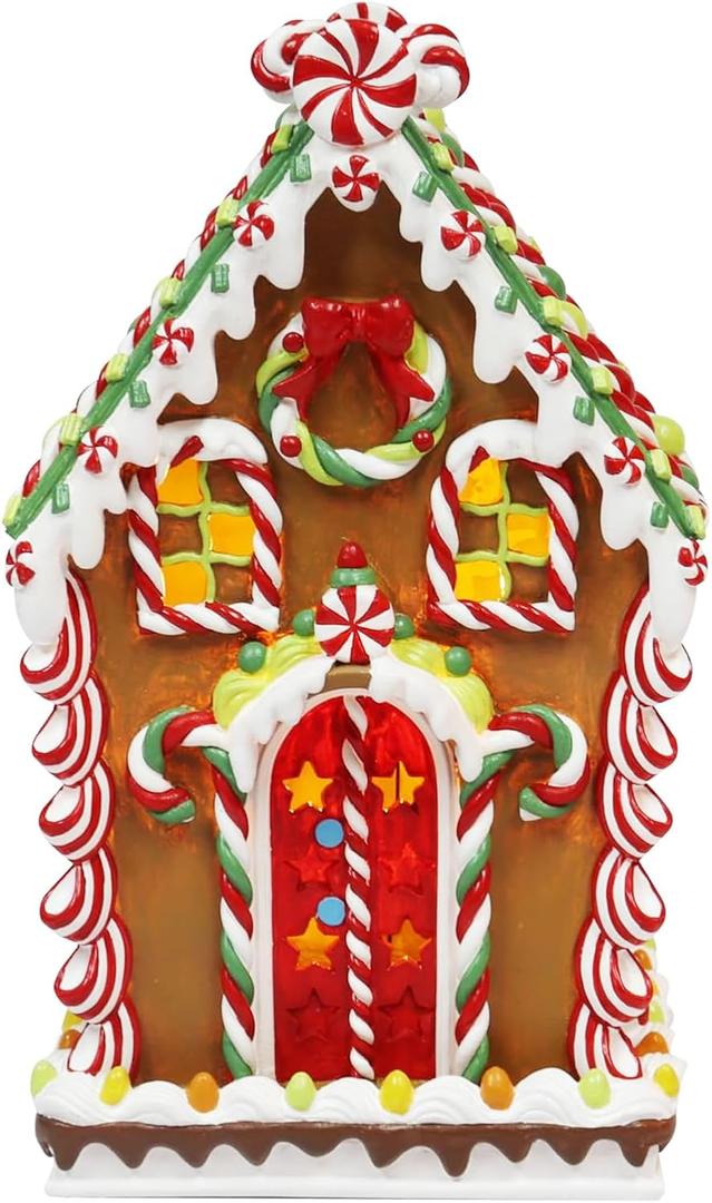 MOMENTS IN TIME 11H LED Lighted Gingerbread House Hand-Painted Polyresin Christmas Village Dcor Battery Operated Holiday Decoration Light Up Gingerbread House with Festive Details