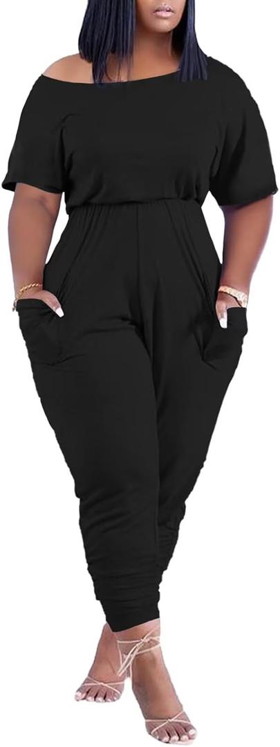 acelyn Casual One Piece Loose Jumpsuit for Women Summer Plus Size Overalls Off Shoulder Pockets Romper (Small, 015-black)