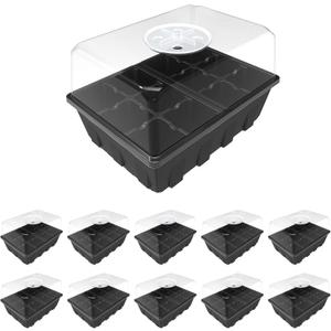 Gardzen 10 Pack Seed Starting Tray, Plant Germination Trays, Seed Starter Kit with Adjustable Humidity Vented Dome, Plant Growing Kit 6.6" x 4.5", Total 120-Cell, Black (Black Trays)
