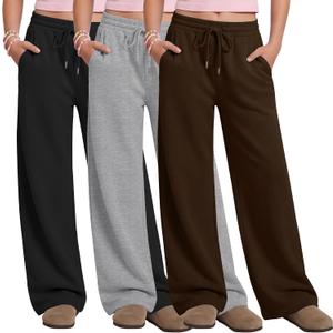 Oakgarden 3 Pack Girls' Wide Leg Sweatpants Drawstring Baggy Pants Teen Casual Loose Athletic Joggers with Pockets 7-8Y