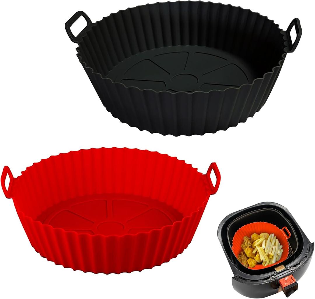 Air Fryer Silicone Liners Pot,8 inch Air Fryer Basket Liners, Silicone Baking Tray Pots for 3 to 5 Qt for Air fryer Oven Reusable Baking Tray Oven Accessories (Red+Black)