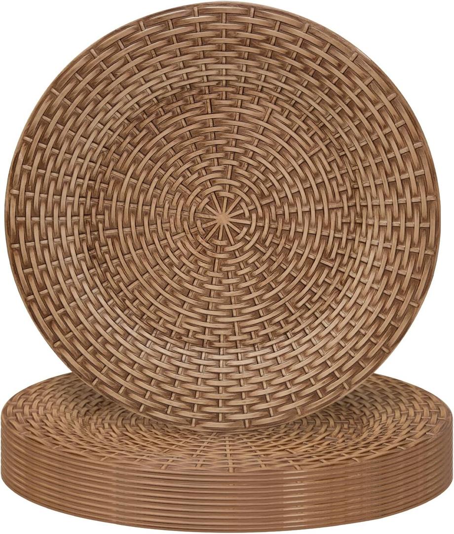 MAONAME Faux Rattan Charger Plates Set of 12, Table Chargers for Dinner Plates, 13" Round Brown Plate Chargers, Plastic Charger for Table Setting, Wedding Decor