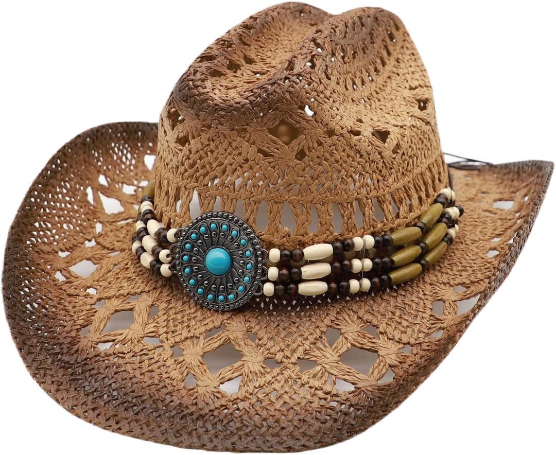 Straw Cowboy Hat for Men Cowgirl Hats Women Wide Brim Beach Sun Hat Western Summer Hats (Medium)