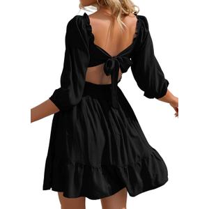Phortric Women's Summer Tie Back Dress Square Neck Lantern Sleeve Off Shoulder Casual Mini Dresses (X-Small)