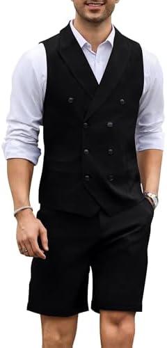 Autrl Men's 2 Piece Suits Slim Fit Wedding Suit Set Groomsmen Beach Vest Shorts Set Casual Waistcoat Set for Men, Black, L