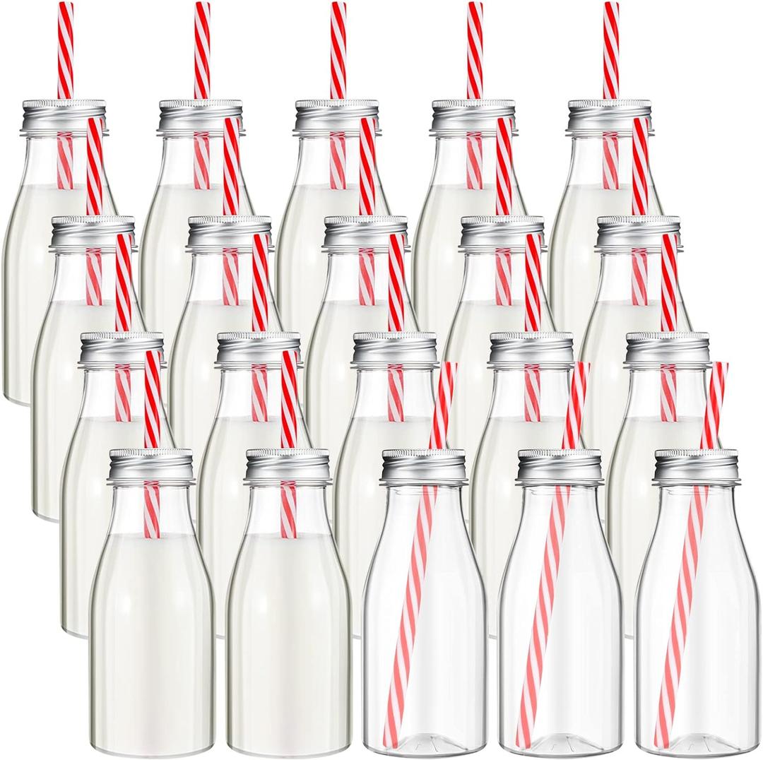 Yinkin 20 Set 10 oz Plastic Milk Bottles with Straws Metal Lids Clear Plastic Containers for Dairy Milk Party Bottle for Juices Shakes Smoothies(Red, White)