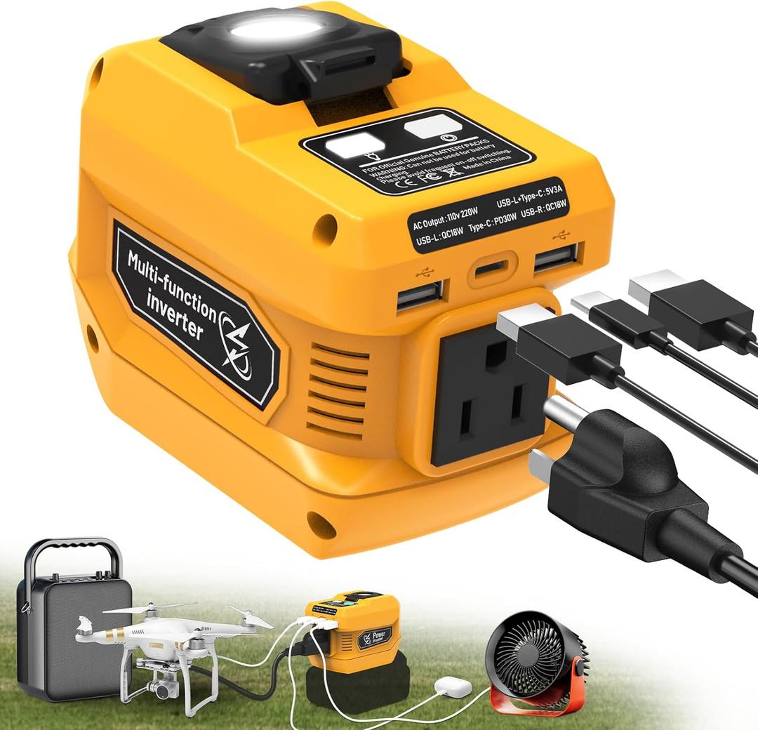220W Power Inverter Compatible with Dewalt 20V Battery, DC 20V to AC 110V Inverter, Portable Power Station Generator with 1 AC Outlet, 2 USB Ports & 1 Type-C Fast Charging, 400LM LED Work Light (Yellow)