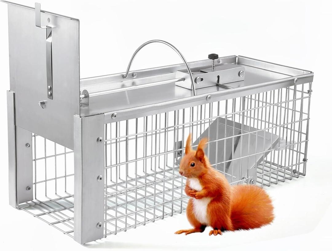 AMVOG Live Animal Cage Trap, Durable Humane Animal Trap for Squirrels, Weasels, Chipmunks, and Small Animals, Easy Catch & Release (1 Trap) (Silver)