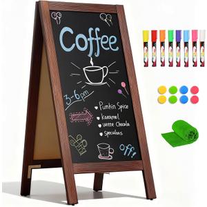 4 THOUGHT A-Frame Double-Sided Magnetic Chalkboard 40"x20", Solid Pine Wood Freestanding Sandwich Board for Cafes, Restaurants, Weddings (Rustic Brown)