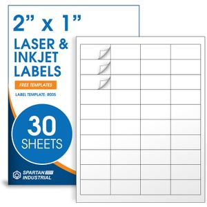 2" X 1" Matte White Printable Address Labels (30 Sheets, 1200 Labels) Mailing Labels and Barcod Stickers for Laser & Inkjet Printers - Spartan Industrial Template R005