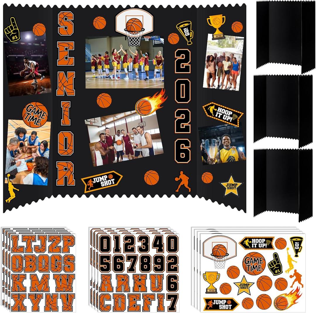 Tinlade 3 Set Basketball Senior Night Gifts Senior 2026 Photo Display Board 24" x 16" Trifold Poster Board with Basketball Themed Stickers for Graduation Picture Frame Sport Theme Party Supplies