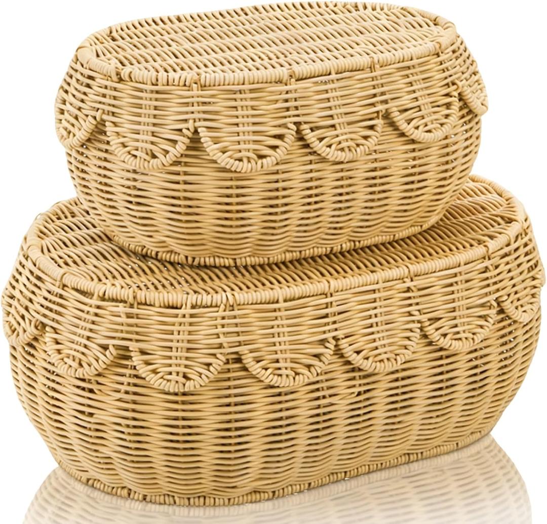 Tebery Set of 2 Wicker Storage Baskets with Lid, Hand Woven Scalloped Basket Boxes for Shelf, Sturdy Rattan Storage Bin Organizer for Home Decoration, Display
