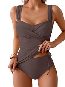 B2prity Tankini Swimsuits for Women Tummy Control Two Piece Bathing Suit High Waisted Wrap Swim Suit with Bottom Swimwear Coffee, XX-Large