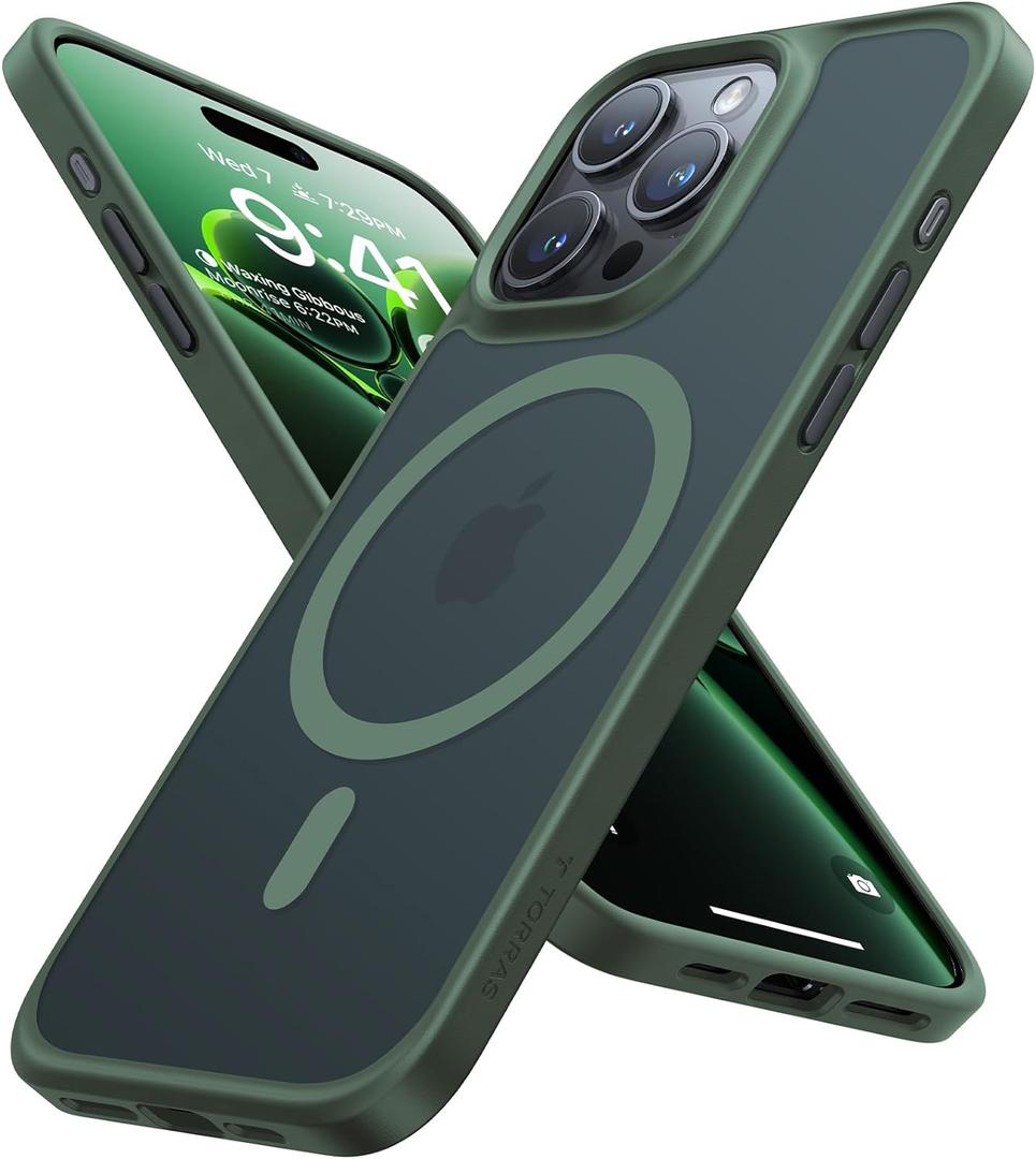 TORRAS Magnetic Shockproof for iPhone 15 Pro Case, [Military-Grade Drop Tested][Compatible with MagSafe] Translucent Hard PC Back with Silicone Slim Protective Cover Anti-Fingerprint, Green