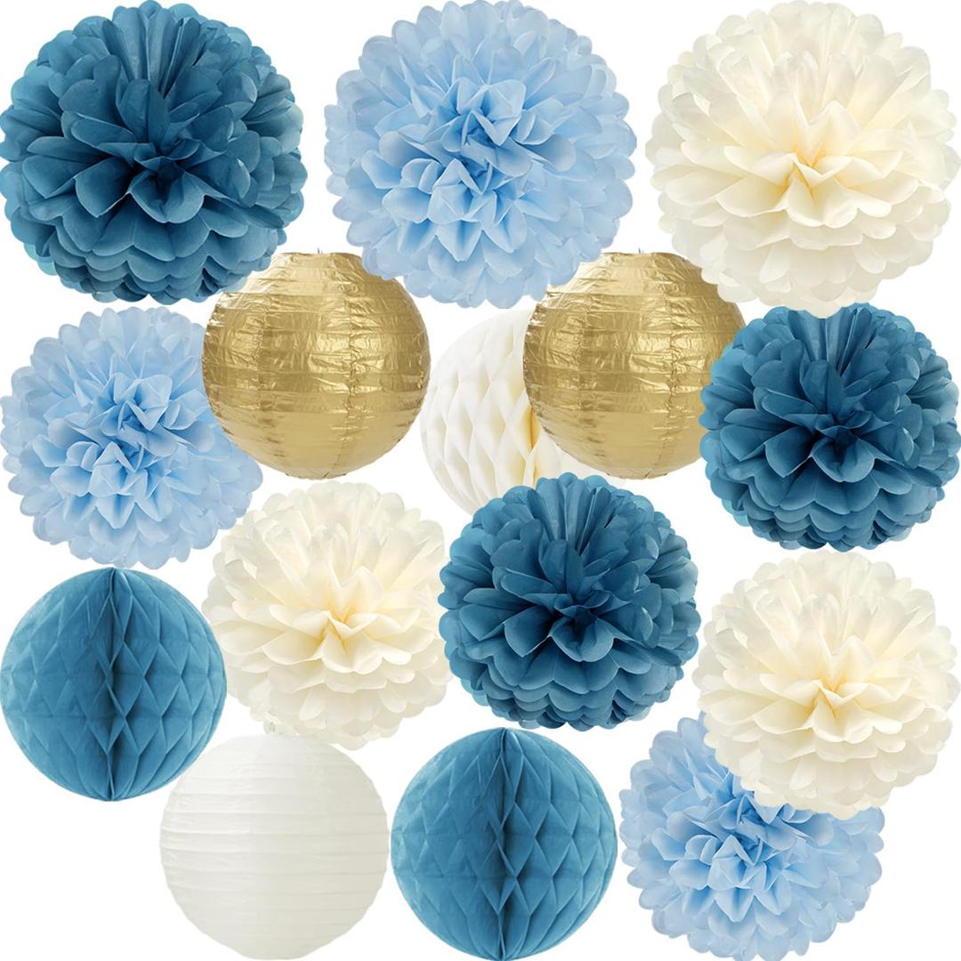 Dusty Blue Champagne Gold Beige Paper Flowers Tissue Pom Poms Honeycomb Lanterns 15pcs Party Decorations Boy Birthday Wedding Baby Bridal Shower Hanging Supplies Mprocherify