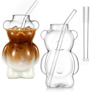 2 Pack Honey Bear Glass Straw Cup, 5.51 x 3.31 x 2.83 Inches Clear Bear Cup with 2 Straws & Cleaning Brushes, 11 oz Cute Mugs, Suitable for Coffee, Juice, Tea, Milk and Other Beverages