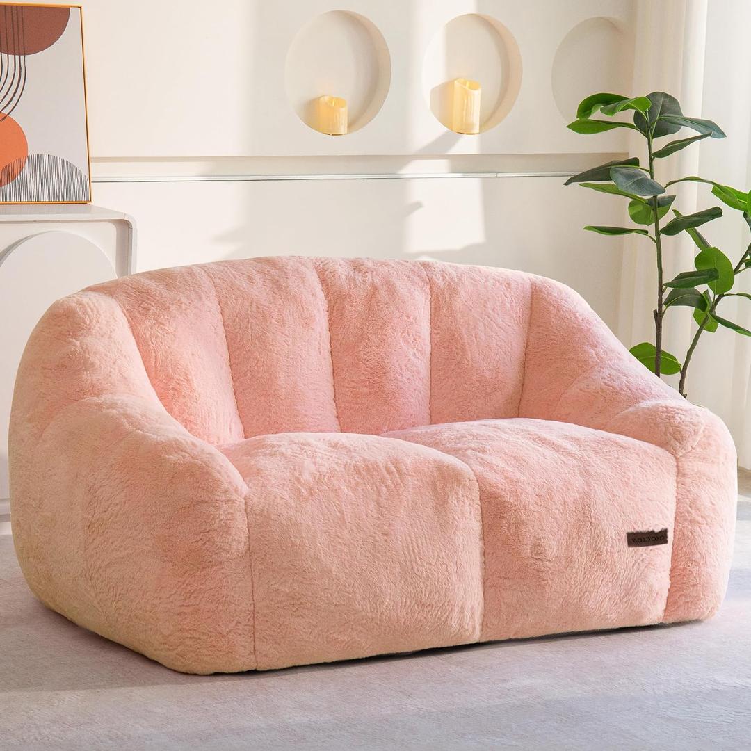 MAXYOYO Bean Bag Chair, Comfy Bean Bag Sofa with Back Support, Loveseat Faux Fur Bean Bag Chair for Adults, Stuffed Floor Sofa for Living Room, Bedroom, Apartment, Pink