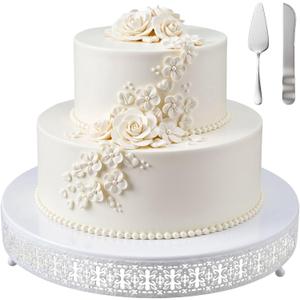 Wenqik White Cake Stand 16 Inch Metal Round Cupcake Dessert Wedding Cake Stand with Cutting & Spatula Cookies Display Holder Fruit Serving Tray for Table Wedding Birthday Anniversary Party