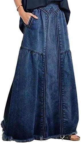 Ebossy Women's Casual Elastic Waist Frayed Hem A-Line Distressed Hippie Long Maxi Denim Skirt 2XL