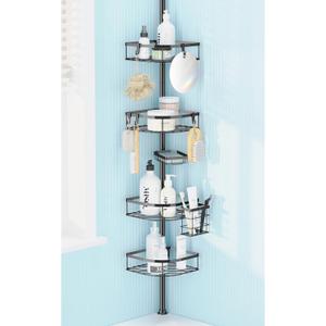 Shower Caddy Tension Pole, 4-Tier Adjustable Corner Shower Standing Caddy, Rustproof Rack for Bathroom Bathtub, with 4 Shelves, No Drilling Corner Bathroom Shelf for Inside (Black)