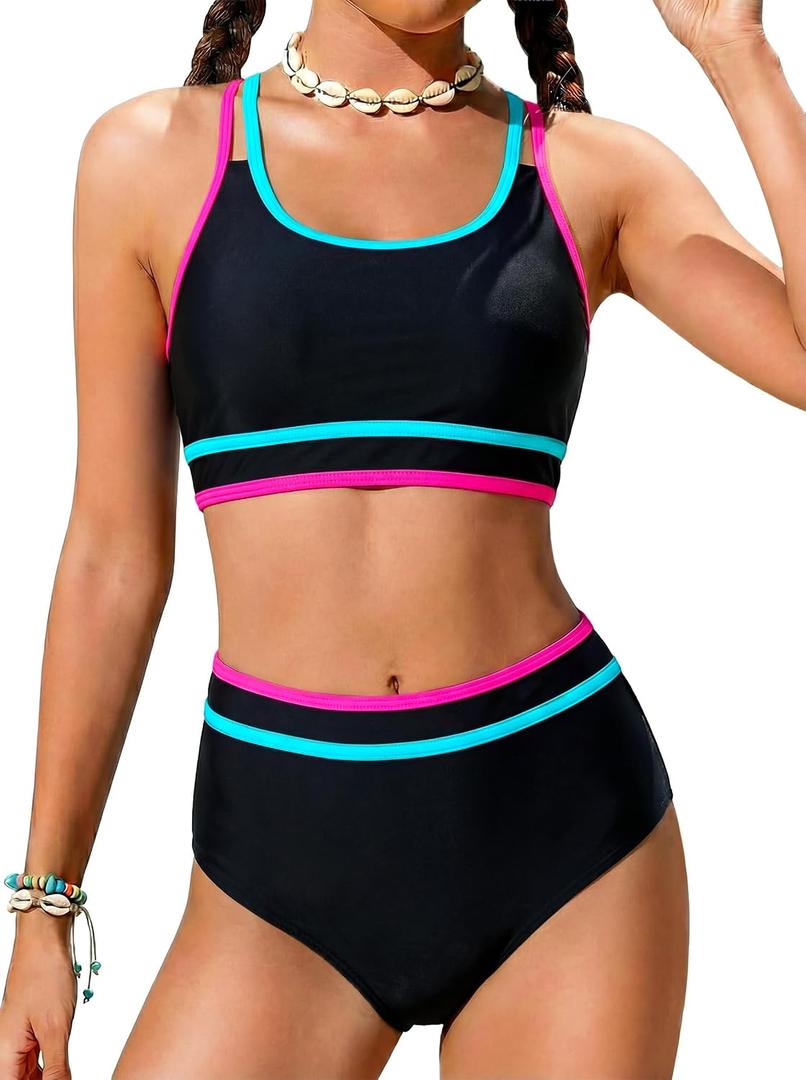 Teen Black Swimsuits Size 14-16 Bikini for Teens Two Piece Bathing Suits Trajes De Baño para Niñas Black Swim Color Block Sport Bikini Sets Adjustable Double Straps Top Bottoms Padded Modest Swimwear