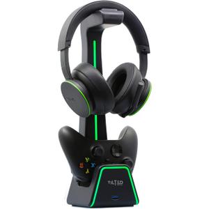 Tilted Nation 3 in 1 Gaming Headset and Controller Stand for PS5 and Xbox Series X Charging Station - Game Controller Holder and Headphone Stand for Desk with PlayStation and Xbox Magnetic Charger (Black)