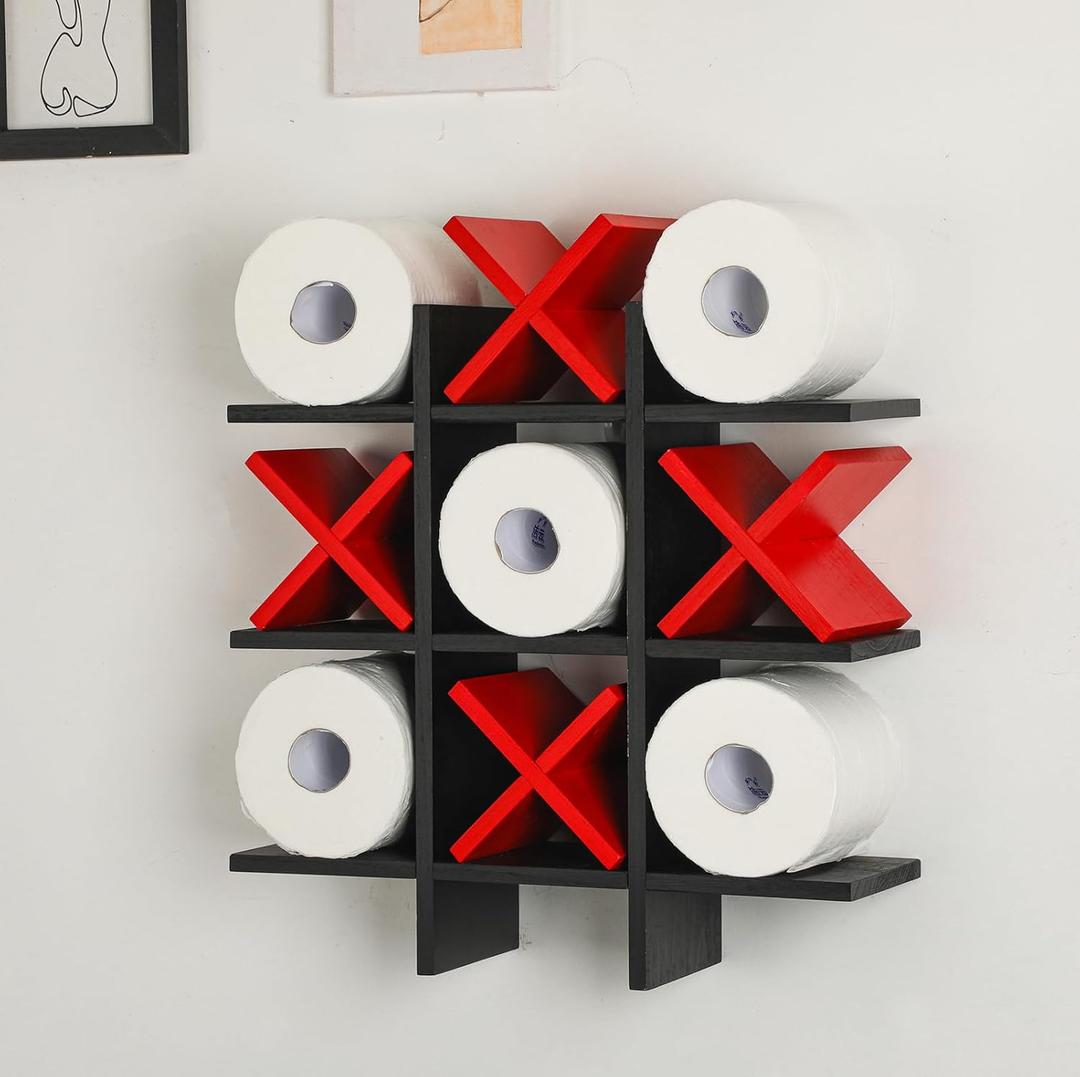 Weysat Tic Tac Toe Toilet Paper Holder Stand Bathroom Wall Decor Rustic Wooden Hanging Storage Freestanding Wall Mounted Shelves Decor for Toilet Tissue Farmhouse, Black Red