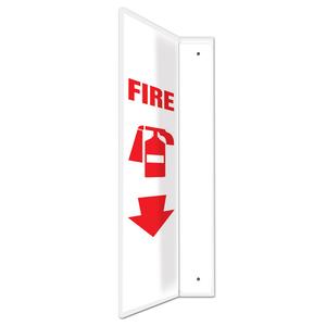 Accuform PSP717 Projection Sign 90D, "FIRE (Extinguisher)", 24" x 4" Panel, 0.10" Thick High-Impact Plastic, Pre-Drilled Mounting Holes, White on Red