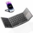 JPHTEK Foldable Bluetooth Keyboard with Touchpad - Portable Wireless Keyboard with Holder, Rechargeable Full Size Ultra Slim Pocket Folding Keyboards for Android Windows iOS Tablet & Laptop