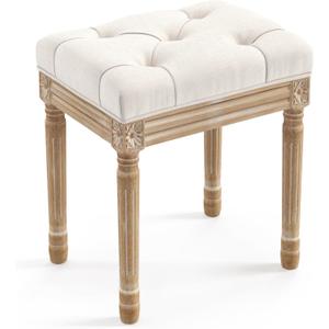 LUE BONA Upholstered Fabric Vanity Bench Seat, Makeup Stools for Vanity, Square Tufted Ottoman Bench with Carved Wood Color Legs for Bedroom Living Room, Beige (Beige and Wood)