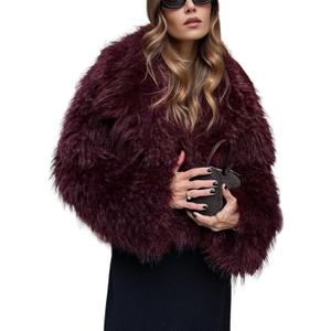 Wyeysyt Womens Faux Fur Coat Cropped Lapel Fluffy Fur Jacket Long Sleeve Open Front Shaggy Fuzzy Outerwear (Large, Winered)